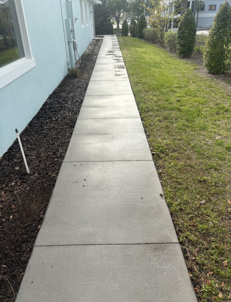 Sidewalk after pressure washing by Batterbee Roof Cleaning - clean results